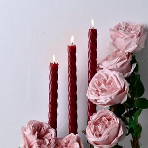 10 Inch Burgundy Red Spiral Taper Candles, 4 Pack Unscented Dripless Long Burning Time Glossy Candlesticks for Dinner Party, Wedding Shower and Home Decoration (Burgundy)