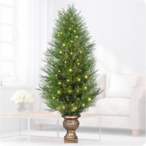 4FT Cypress Tree Artificial Prelit Artificial Emerald Green Arborvitae Potted Faux Shrub Bush UVResistant Fake Evergreen Privacy Tree with Light for Indoor Outdoor Décor