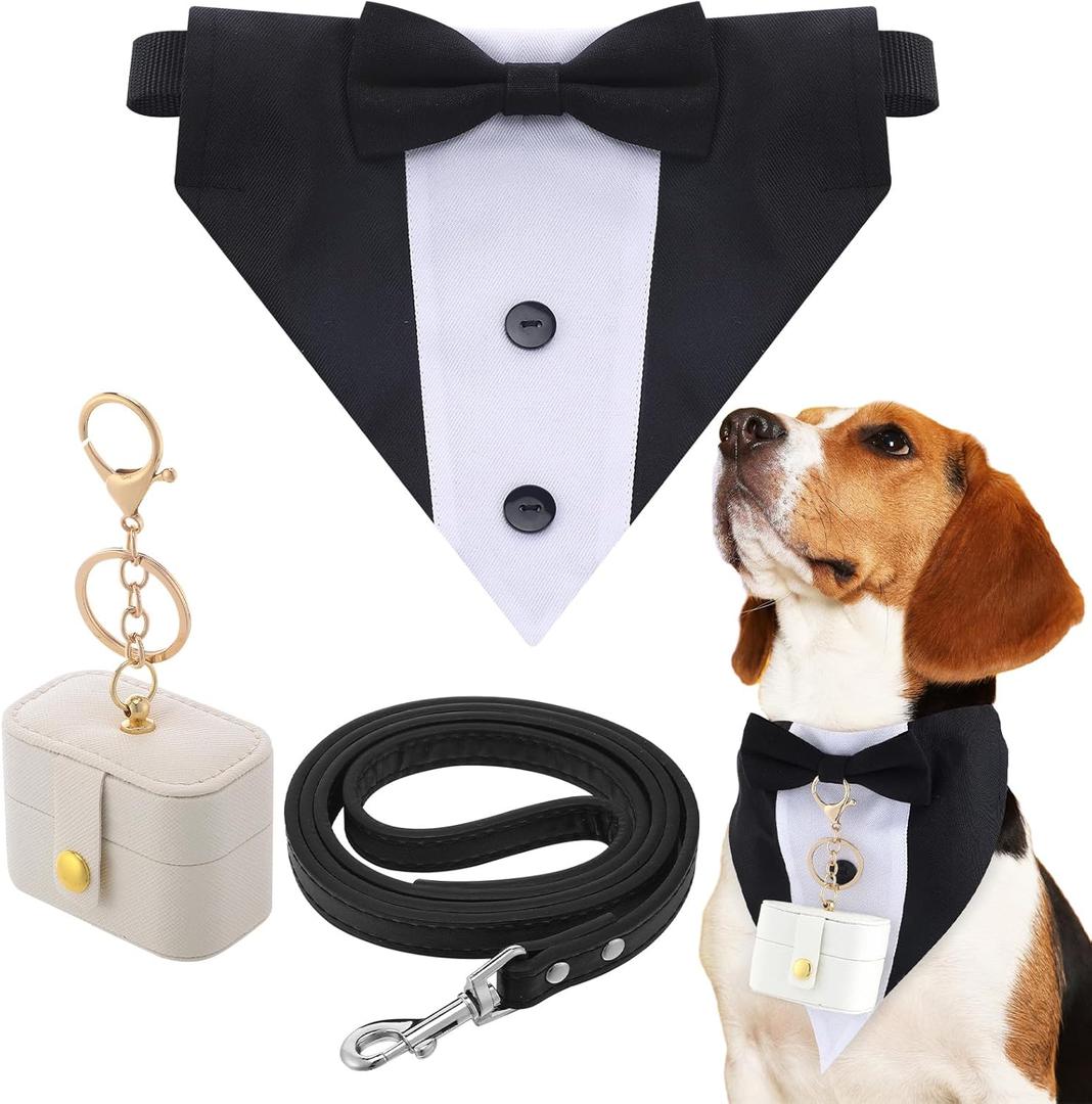 3 Pcs Dog Wedding Collar Outfit Include Dog Tuxedo Attire Wedding Ring Bearer Ring Holder Pouch Box Adjustable Pet Neck Bow Tie with Leash (M)
