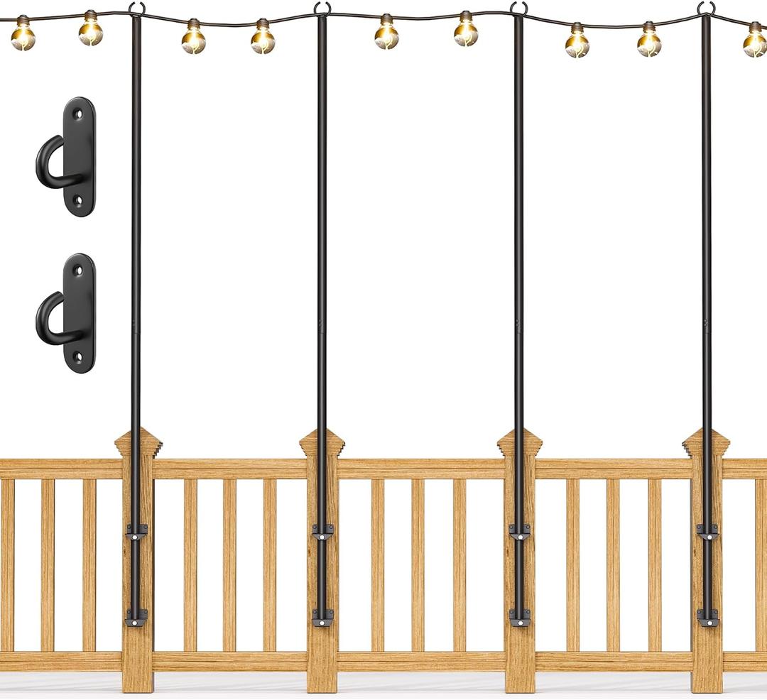 4Pack String Light Poles - Stainless Steel 6.5FT Deck Lights Poles with 4 wall Hooks for Outdoor Light, String Lights, with SS Screws for Wood Posts Deck Decor (Black)