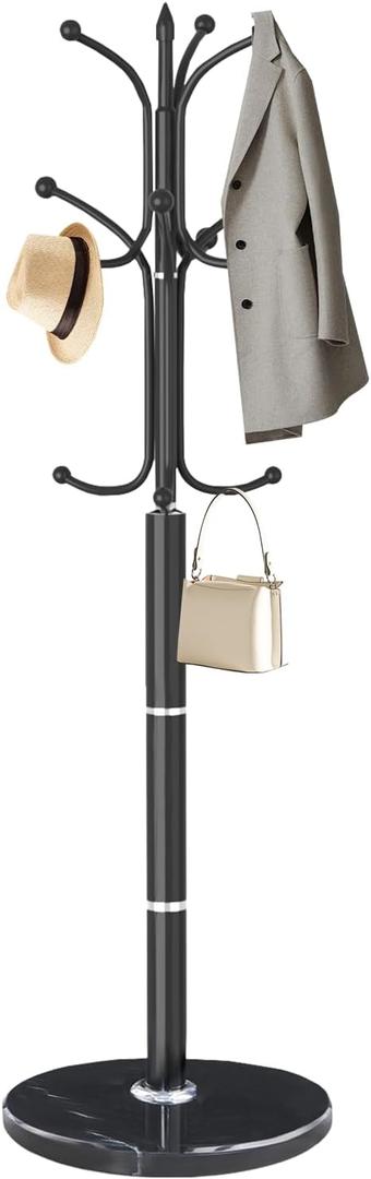 EZIVIEZ Modern Coat Rack Stand, Metal Freestanding Coat Rack with Natural Marble Base, Heavy-Duty Coat Racks with 12 Hooks,Black Coat Hanger Tree Stand for Office, Entryway, Hallway