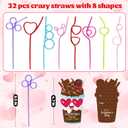 32 Pack Valentines Day Cards with Crazy Straws for Gifts Exchange Valentines Party Favors