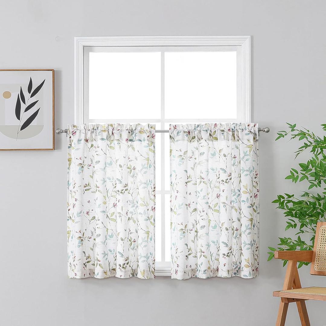 Chyhomenyc Roman Kitchen Curtains 36 Inch Length, Linen Blend Textured Small Half Window Curtain, Leaf Floral Printed Light Filtering Short Curtains for Bathroom Basement 38Wx36L inch 2PCS (Multi Color)