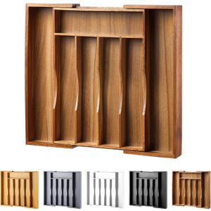 Expandable Acacia Kitchen Drawer Organizer for Cutlery and Utensils, Adjustable Acacia Wood Cutlery Tray in Drawer for Flatware and Silverware in Kitchen (7 Slots Expandable)