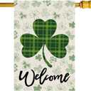 Welcome St. Patrick's Day Green Plaid Shamrocks Clovers House Flag Large Burlap 28X40 Inch Vertical Double Sided Outside Yard Holiday Outdoor Farmhouse Decoration