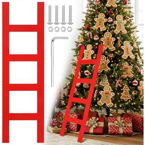 Jenaai 39 Inches Christmas Red Wooden Ladder Christmas Tree Decoration Santa Climb Ladder Assemble and Disassemble Rustic Decorative for Xmas Tree Wall Ornament Holiday Festival Party Decoration