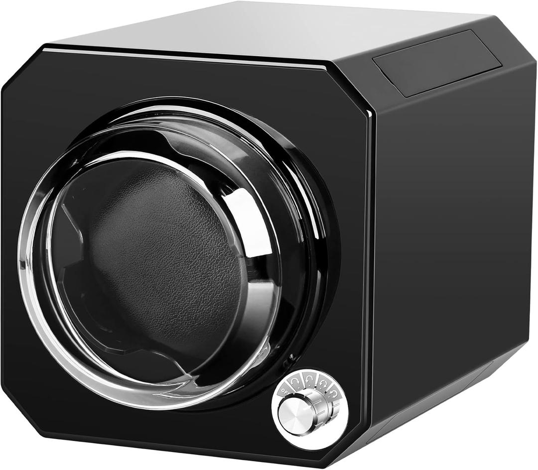Single Watch Winder for Automatic Watches, Watch Winder in Black Shell with High-Gloss Lacquer, Stackable, Upgraded Soft Adjustable Pillows, Japanese Quiet Motor, Battery Powered or USB Charge