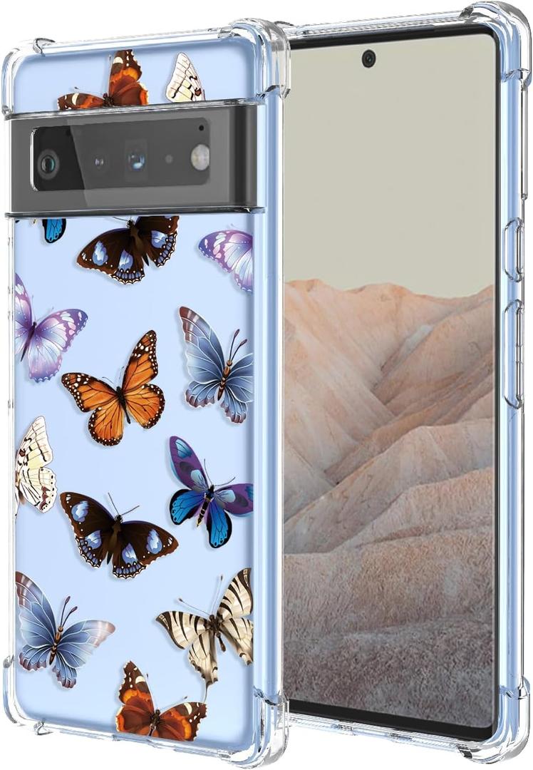 Case for Google 6 Pro Pixel 6 Pro,Floral Pattern Transparent Soft TPU Phone Case,Air Cushion Shockproof Bumper,Protective Phone Cover for Google Pixel 6 Pro,Color Butterfly