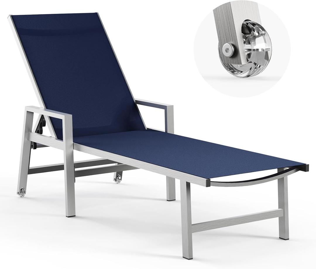 Patio Chaise Lounge Chair Outdoor with Wheels&Armrests, Aluminum Pool Lounge Chairs 5-Position Adjustable Recliner, Outdoor Beach Lounge Chairs for Poolside, Patio, Deck, Yard, Navy Blue (1 Pack)