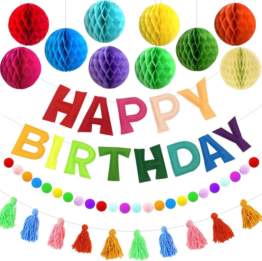 Pre-Strung Happy Birthday Decor, 3D Felt Birthday Banners Poms Pom Fabric Party Garland, Plush Tassels, with 10PCS Honeycomb Balls, Large Rainbow Reusable Party Celebration Decorations