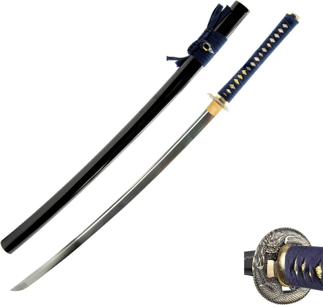 HMS Japanese Samurai Katana Sword, Dragon Tsuba, Hand Forged, 1045 Carbon Steel, Heat Tempered, Full Tang, Sharp