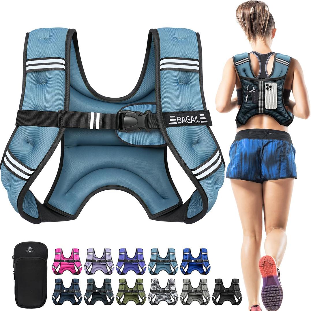 BAGAIL Weighted Vest, 5lb/8lb/10lb/12lb/15lb/20lb/25lb/30lb Weight Vest for Walking & Weight Loss, Reflective Rucking Vest with Phone Pouch for Women & Men, Home Gym & Outdoor Training (Blue) (8 LB)