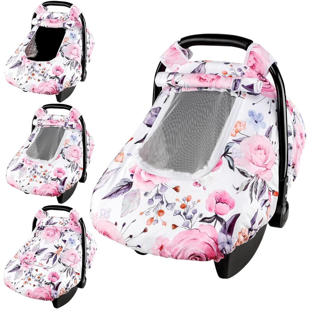 Floral Baby Carseat Cover Girls, Pea Pod Infant Car Seat Covers Canopy for Newborn with 2 Layers Windows of Breathable Mesh/Fabric, Lightweight Polyester/Minky Dot Backing, Snug Fit Most Baby Car Seat (Single Zipper)