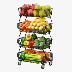 Fruit Vegetable Storage Basket, Kitchen Fruit Vegetable Storage Cart, 4 Tier Stackable Metal Wire Storage Baskets with Wheels, Produce Basket Organizer Bins for Pantry, Bathroom, Black