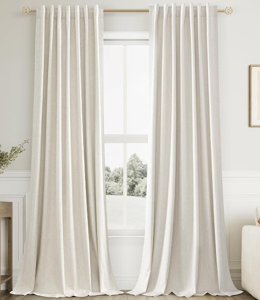 Extra Long 100% Blackout Linen Curtains for Bedroom 100 Inches Long Natural Cream Black Out Curtain Back Tab Thermal Insulated Room Darkening Window Drapes for Living Room 2 Panels Beige Ivory 52x100