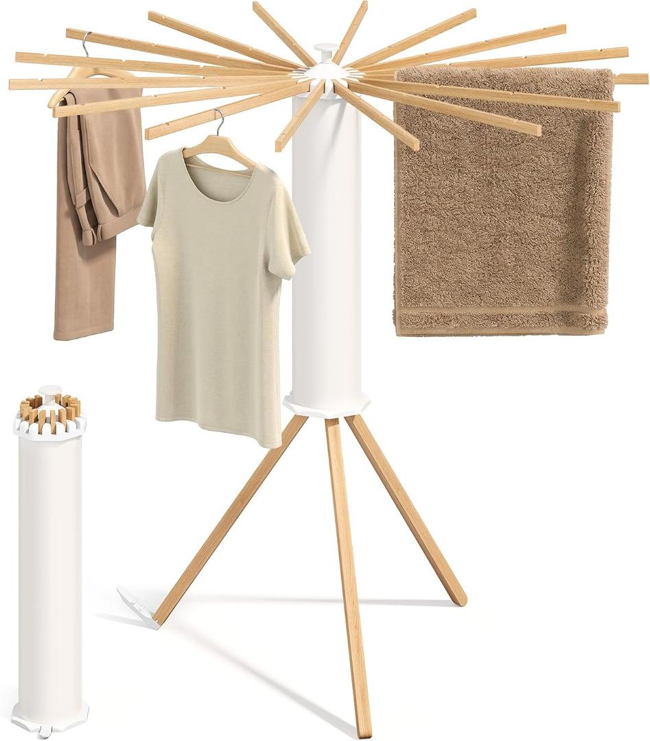 SONGMICS Clothes Drying Rack Foldable, Rotary Tripod Laundry Drying Rack, Rotatable Portable Floor Standing Clothes Airer, Laundry Room Balcony, 16 Pull-Out Wood Arms, Natural Color ULLR530YW01, 16 Poles