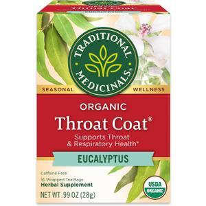 Traditional Medicinals Organic, Throat Coat Tea, Eucalyptus & Slippery Elm - Supports Respiratory and Throat Health - Kosher, Non-GMO, Caffeine-Free, Compostable - 16 Tea Bags (EXP 07/01/29)