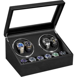 ANWBROAD Watch Winders for Automatic Watches, Automatic Watch Winder with 4 Watch Rotator and 6 Extra Storages, 4 Watch Winder with Japanese Quiet Motor, Carbon Fiber Watch Winder,UJWW012C