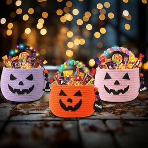 Zopeal 3 Pack Halloween Pumpkin Basket Trick or Treat Basket with LED String Lights & Wooden Ornaments Boo Spooky Small Bags Jack O Lantern Bags for Girls Boys Kids Party Favor Halloween Party(Pink)