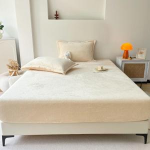 Luxurious Velvet Fitted Sheets，All-Season Milk Plush Bedding，15" Deep Pockets Mattress Protector Cover for a Cozy and Elegant Sleep Experience (Not Include Pillowcases) (Beige, Full)