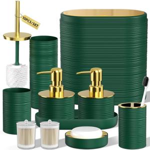 Bathroom Set, 10PC Bathroom Accessory Set, Green Bathroom Accessories, Green and Gold Bathroom Set with Trash Can, Soap Dispensers