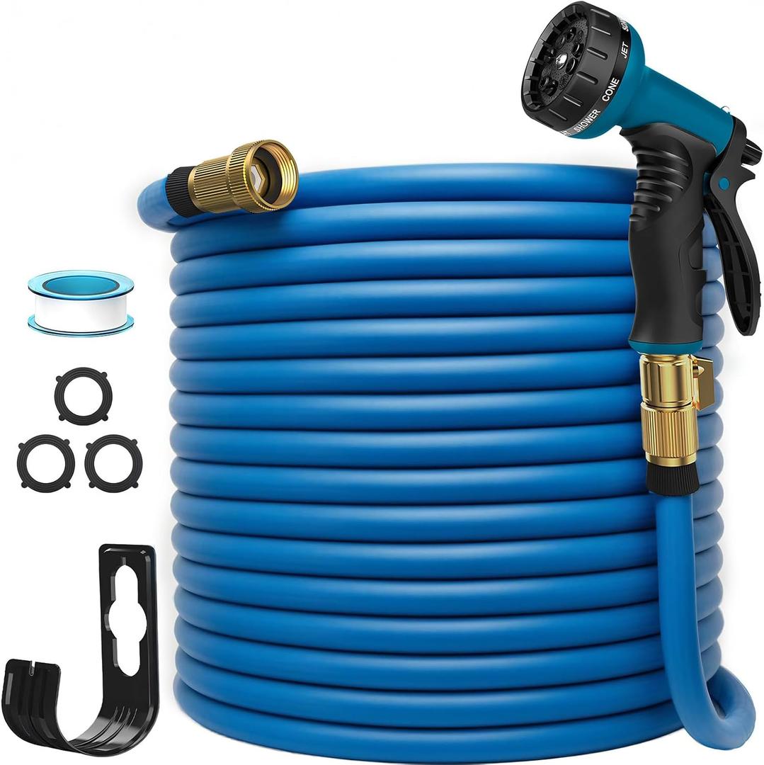 Garden Hose 100ft  Lightweight, Kink-Free & Leak-Proof Water Hose with 10-Function Spray Nozzle and 3/4" Solid Brass Fittings  Flexible Outdoor Hose for Yard, Garden, Lawn & Car Wash (Blue)