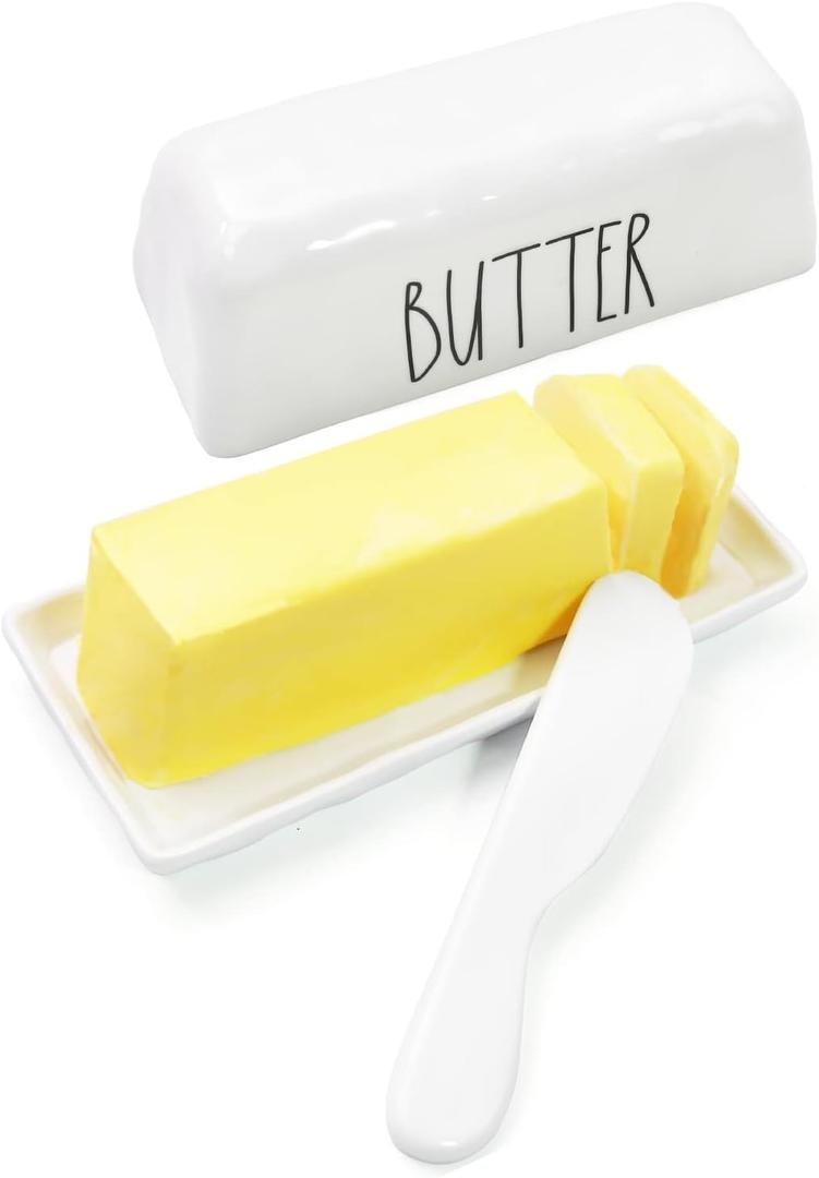 TP Butter Dish with Lid, Melamine Butter Holder for Countertop with Knife, Butter Keeper Container with Cover, Unbreakable Durable Dishwasher Safe, White