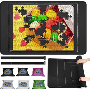 Premium Rubber Jigsaw Puzzle Mat, Roll Up, Saver Pad 46 x 26 Portable Up to 1500 Pieces with Non-Slip Rubber Bottom and Smooth Polyester Top + Storage Bag, 6 Colorful Trays, Rolling Tube