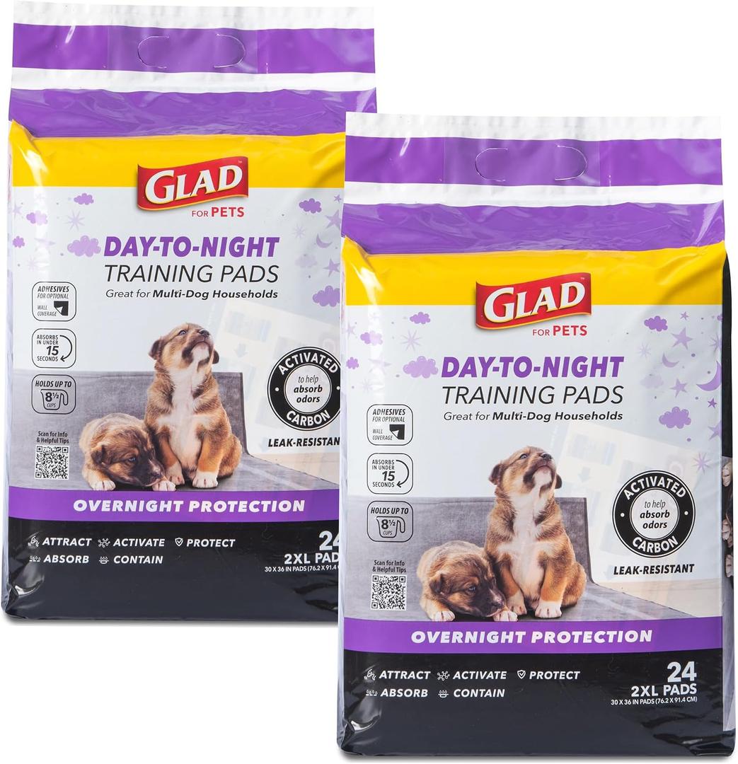 Glad for Pets Day to Night Activated Carbon Puppy Training Pads, Odor Control Disposable Dog Pads with Adhesive and Wall Protection, Leak Proof and Super Absorbent, 30 x 36 Inch, 24 Count - 2 Pack