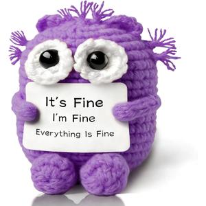 Funny Crochet Cat, Positive Emotional Support Cat Crochet Animals, Cheer Up Inspirational Birthday Gifts for Coworker Men Women Friends Employee, Office Accessories Desk Decor, Purple