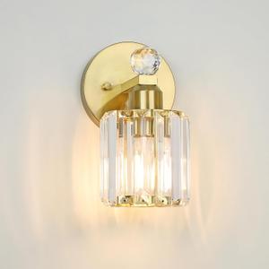 1-Light Gold Bathroom Light Fixtures,Modern Bathroom Vanity Lights Fixture with Clear Crystal Glass Shade,Gold Bath Wall Mount Lights, Light Fixtures for Bedroom Living Room