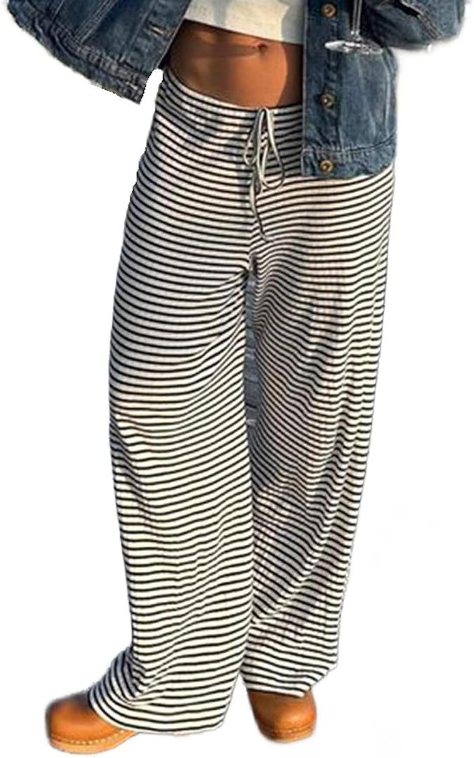 Women's Comfy Pajama Loose Casual Drawstring Lounge Pants - Striped Print Stretch Wide Leg, M