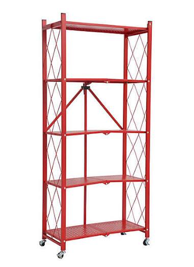 DEANIC 5-Shelf Folding Bookcase with Wheels, Heavy Duty Storage Shelves, Freestanding Metal Wire Shelving Unit for Living Room, Office, Kitchen, Basement, Pantry(Red)