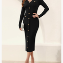 MIROL Women's V-Neck Bodycon Sweater Dress 2025 Fall Long Sleeve Button Down Knit Maxi Dress Elegant Long Dresses L