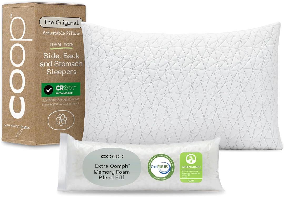 Coop Home Goods Original Adjustable Pillow, Queen Size Bed Pillows for Sleeping, Cross Cut Memory Foam Pillows - Medium Firm Back, Stomach and Side Sleeper Pillow, CertiPUR-US/GREENGUARD Gold (Queen, Original White)