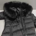 TAHARI Women's Maxi Puffer Coat, Attached Bib, Faux Fur Hood Trim, Hand Warmer Pockets, Long Puffer Coat (Black) XXS