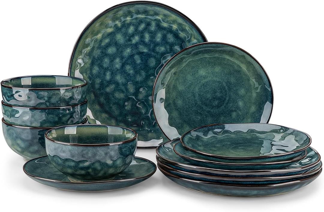 vancasso Starry Dinnerware Set for 4, Handmade Reactive Glaze Stoneware 12 Pieces Plates and Bowls Sets, Dishwasher and Microwave Safe Dish Set, Green