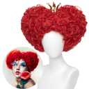 Wiggy Mermaid Red Heart Queen Wig Costume Women and Crown Cosplay Girls Pre-styled Fluffy Short Curly Halloween Anime Cosplay Party Wigs with Cap One Size