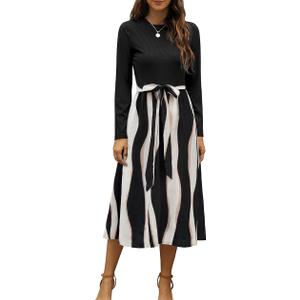 Zattcas Women 2026 Summer Dress Short Sleeve Ribbed Teacher Church Modest Business Casual Work Outfits Midi Dress (Long Sleeve--blackstripe, L)