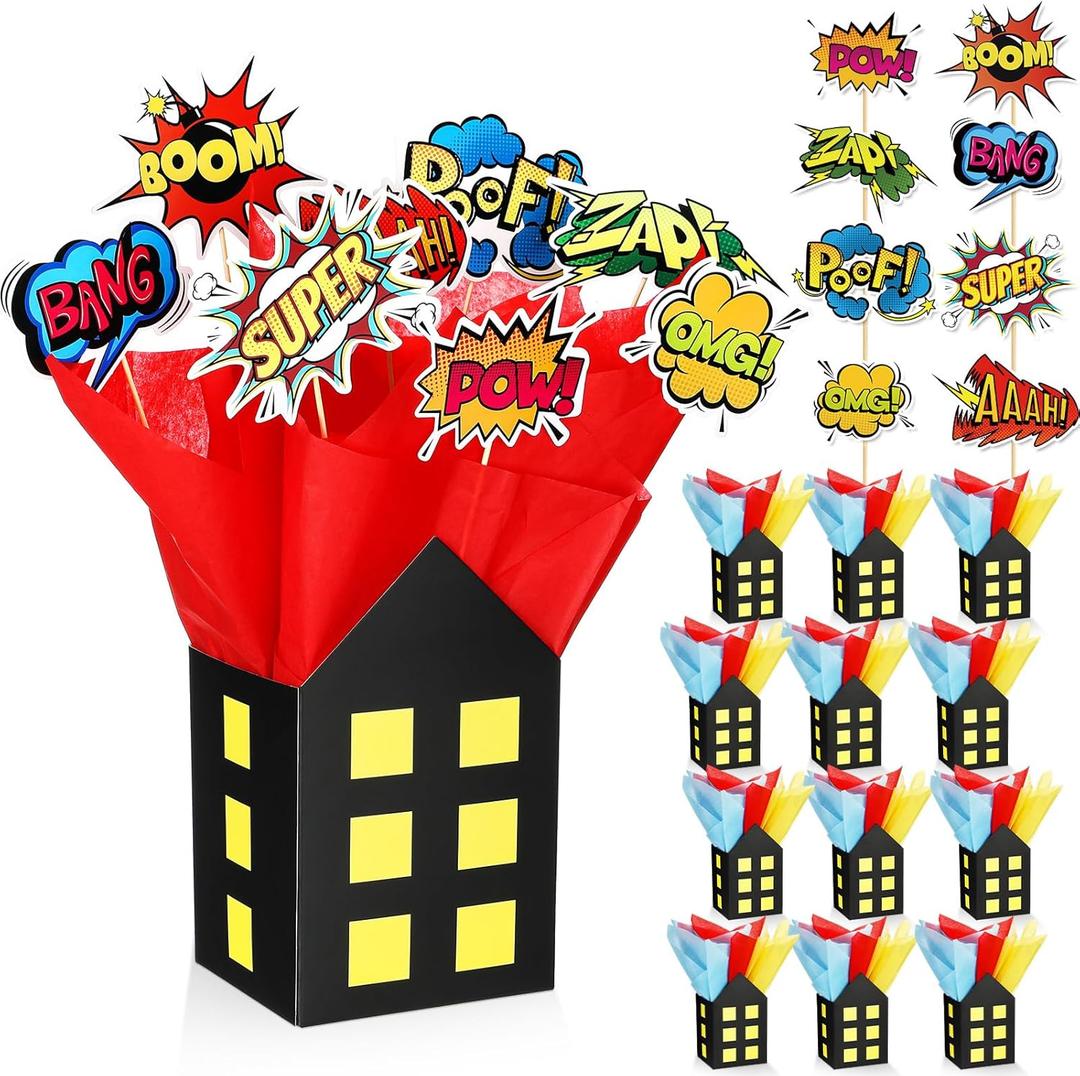 Soulchen 12 Sets Hero Themed Party Centerpieces Decorations Hero Action Sign Table Toppers with City Box Circus Sound Effect Cutouts and Sticks for Shower Party Birthday Decor