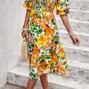 PRETTYGARDEN Women's Summer Casual Dresses 2026 Spring Puff Sleeve Square Neck A Line Flowy Boho Floral Smocked Midi Dress (L)