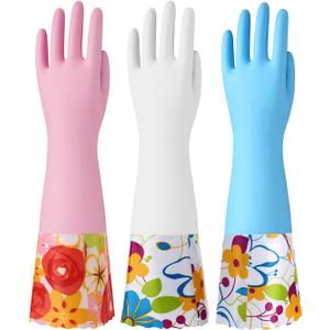 Bamllum 3 Pairs Rubber Cleaning Gloves, Household Kitchen Dishwashing Gloves with Cotton Flocked Liner, Long Cuff 16 Inches, Reusable, Non-Slip (Large, Blue+Pink+White)