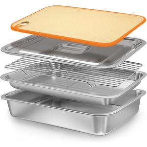 Grilling Prep and Serve Trays with Lid, Stainless Steel Extra Large Grill Carry System, Deep Marinating Container with Cutting Board for BBQ Outdoor Grilling