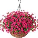 HyeFlora Artificial Fake Hanging Plants Flowers Basket for Outdoor Outside Porch Summer Decoration, Faux Silk Hotpink Dasiy UV Resistant Realistic in Planter for Home Patio Garden Yard
