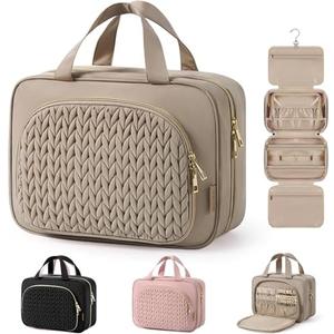 BAGSMART Travel Toiletry Bag with Jewelry Organizer, Hanging Travel Bag for Toiletries, Makeup Cosmetic Bag Organizer, Carry-on Travel Accessories Essentials, Camel-M