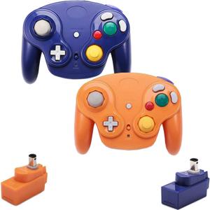 VTone Wireless Game Cube Controller, 2 Pieces 2.4G Wireless Classic Gamepad with Receiver Adapter for Wii Game Cube NGC GC (Orange and Dark Blue)