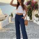 SEMARO Womens Casual Linen High Waist Pants Drawstring Loose Fit Summer Pants Trousers with Side Pockets (Blue, S)