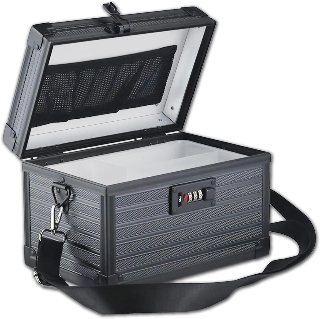 Combination Lock Box with Handle, Portable Multipurpose Locking Storage Case, Home Outdoor Security Lockbox, Organizer for Accessories Medicine Cosmetics Toys Tools (Stripe Black, Small)