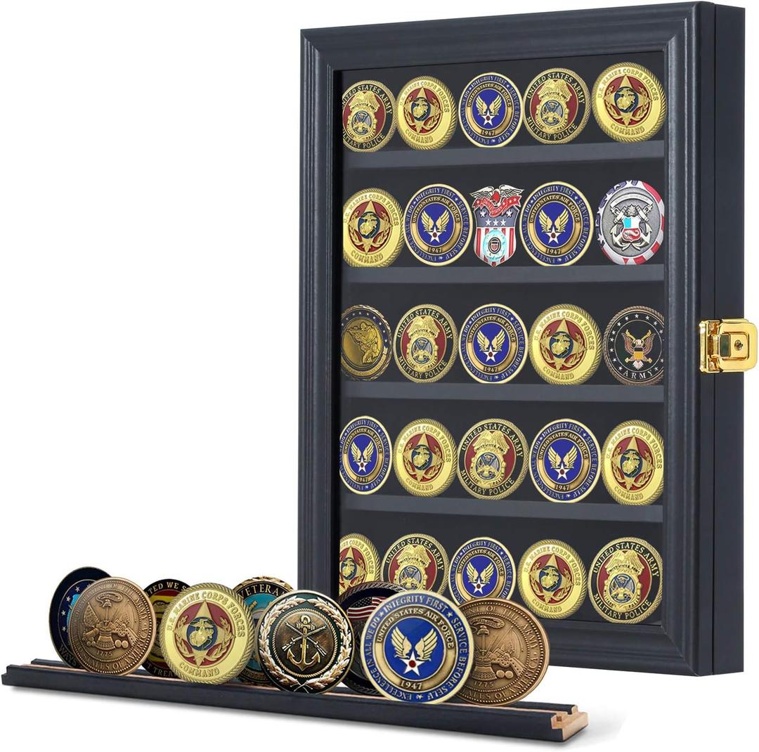Jinchuan Military Challenge Coin Display Case Lockable Cabinet Rack Holder Shadow Box with Removable 2 Grooves Shelves and Anti Dust Door for Casino Poker Chips Collectibles, Small - Black