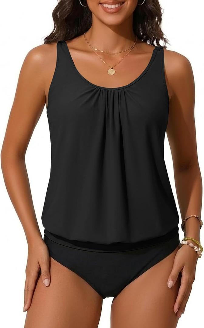 Yonique Two Piece Tankini Swimsuits for Women Blouson Bathing Suits Modest Swimwear (Black, XL)